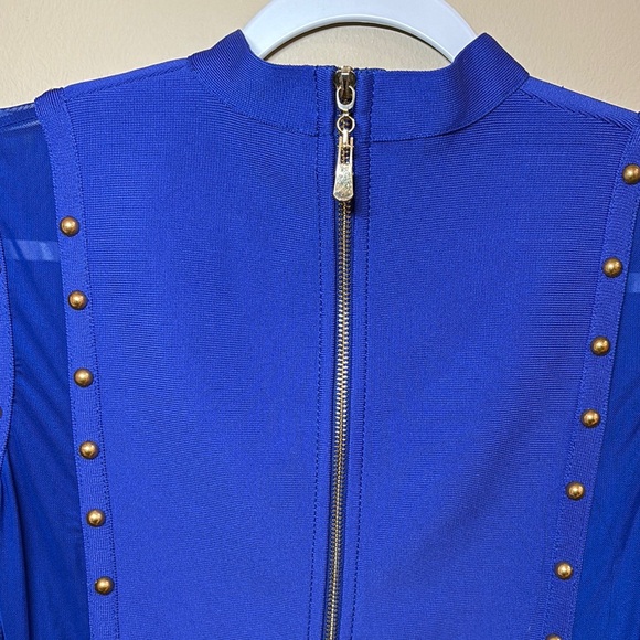 Blue Gold Embellished Bodycon Dress Mock Neck - Picture 4 of 5